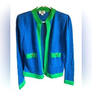 Vibrant blue and green colored knit open long sleeve cardigan brass buttons